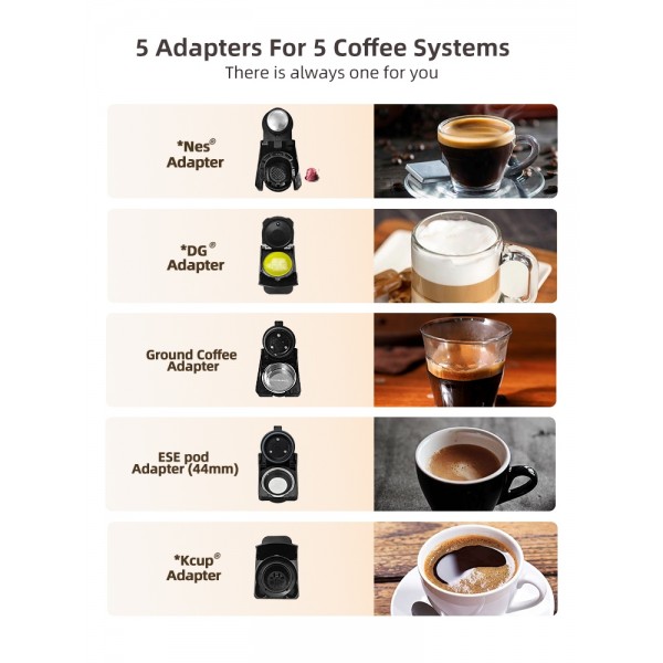 5-in-1 coffee machine, 19-bar multi-capsule coffee maker, compatible with Dolce Gusto capsules, Nespresso capsules, ESE capsules, and ground coffee from HiBREW.