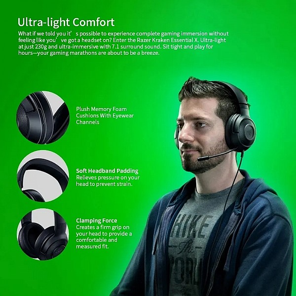 Razer Kraken X Essential Gaming Headset 7.1 Surround Sound Headphone Bendable Cardioid Microphone 40mm Driver Unit Headphones
