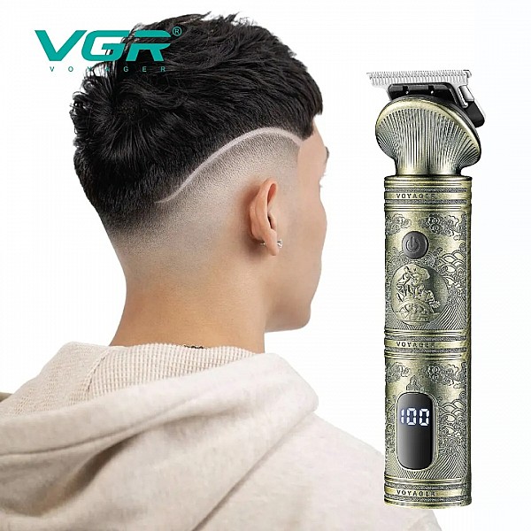 A professional rechargeable metal vintage V-106 grooming kit includes a hair trimmer, 6-in-1 hair clipper, nose trimmer, and body trimmer