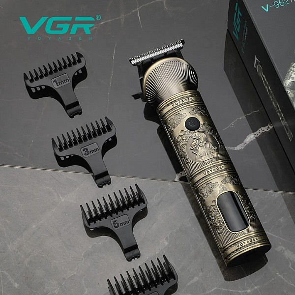 A professional rechargeable metal vintage V-106 grooming kit includes a hair trimmer, 6-in-1 hair clipper, nose trimmer, and body trimmer