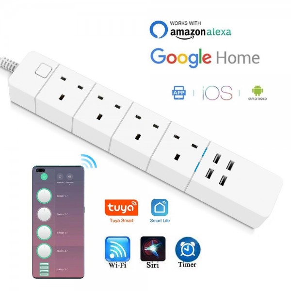 Smart Power Strip, 4 Sockets + 4 USB Ports, Compatible with Alexa, Google Home, and Tuya App, UK Plug