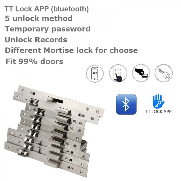 Smart lock that operates with fingerprint, PIN code, smart access cards, and traditional keys, and connects via Bluetooth and is compatible with TT Lock App