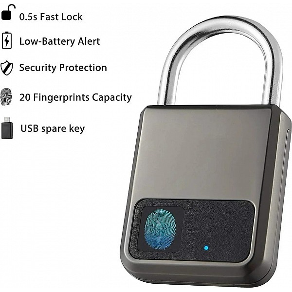 Smart Portable Fingerprints Tuya APP Pad Lock With USB Key Support for Emergency 1year Use after One Time Charge