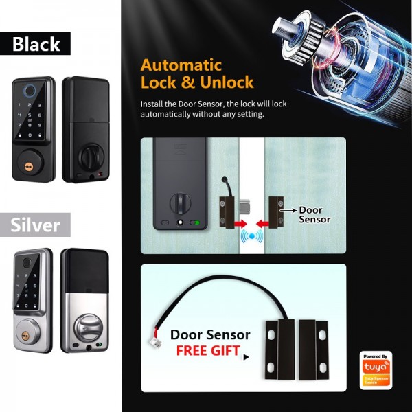 RAYKUBE A1 TT Lock/ Tuya WiFi Auto Fingerprint Deadbolt Smart Door Lock Digital Lock With Door Sensor Password/IC Card/APP/Key