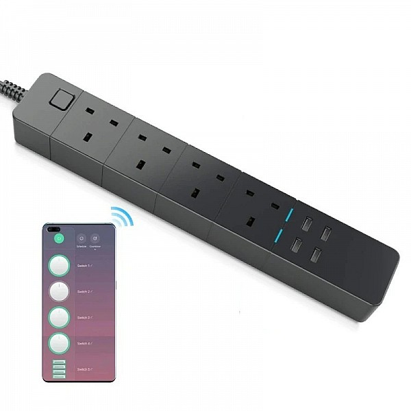 Smart Power Strip, 4 Sockets + 4 USB Ports, Compatible with Alexa, Google Home, and Tuya App, UK Plug