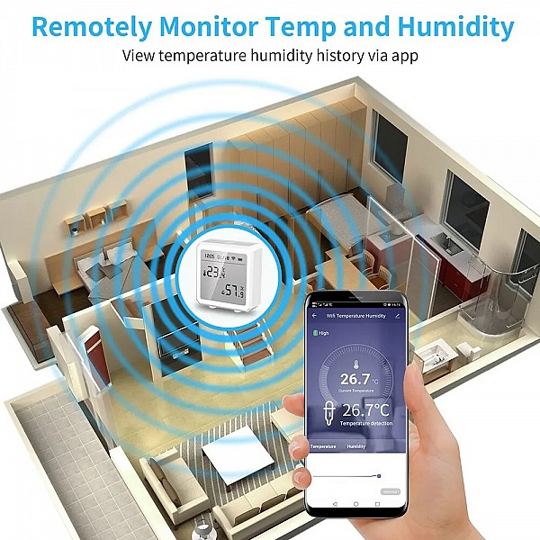 ONENUO Smart Life WIFI Thermostat Hygrometer Sensor detects humidity and temperature, connects via Wi-Fi, and is compatible with Tuya, Alexa, and Google. It includes an LCD display