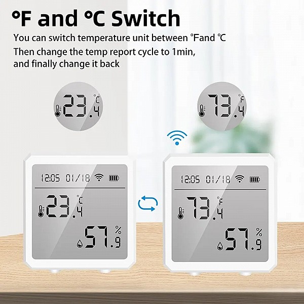 ONENUO Smart Life WIFI Thermostat Hygrometer Sensor detects humidity and temperature, connects via Wi-Fi, and is compatible with Tuya, Alexa, and Google. It includes an LCD display