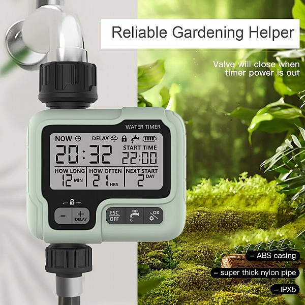 The HCT-322 Automatic Water Timer is a digital irrigation device designed for outdoor use in gardens, intelligent sprinkler technology aimed at conserving water and time