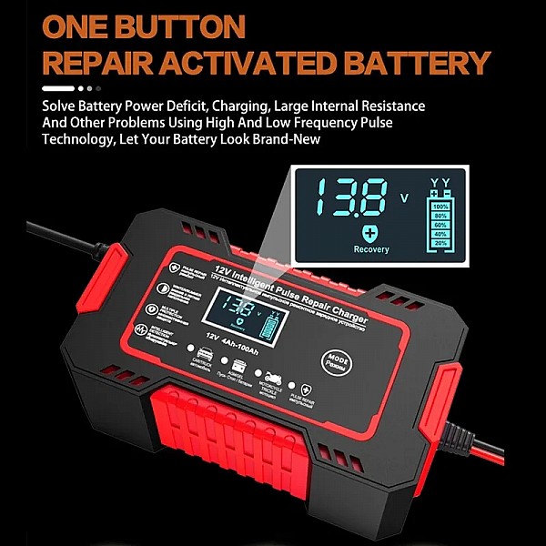 Car Battery Charger 12V 6A Pulse Repair LCD Display Smart Fast Charge AGM Deep Cycle GEL Lead-Acid Charger For Auto Motorcycle