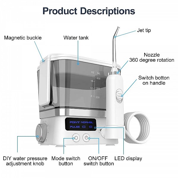 Portable Dental Water Jet: Rechargeable USB Oral Irrigator with 10-Level Water Flosser, 600ML Tank for Household Teeth Cleaning